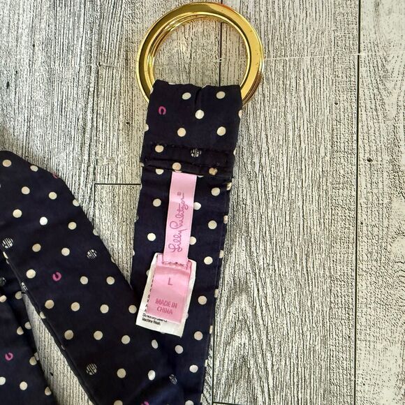 Lilly Pulitzer Women's Large 100% Cotton Double Ring Navy Blue Polka Dot Belt - Picture 3 of 5